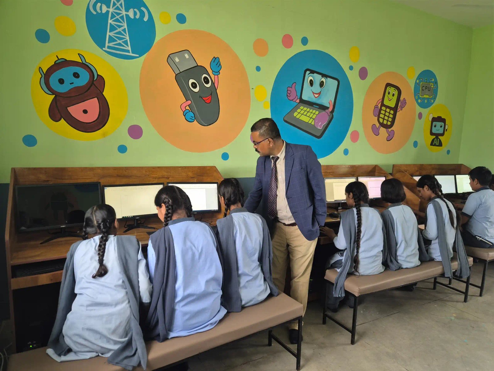 Teacher guiding students